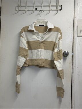 Brandy Melville Cropped Striped Rugby Sweater - Cream & Tan